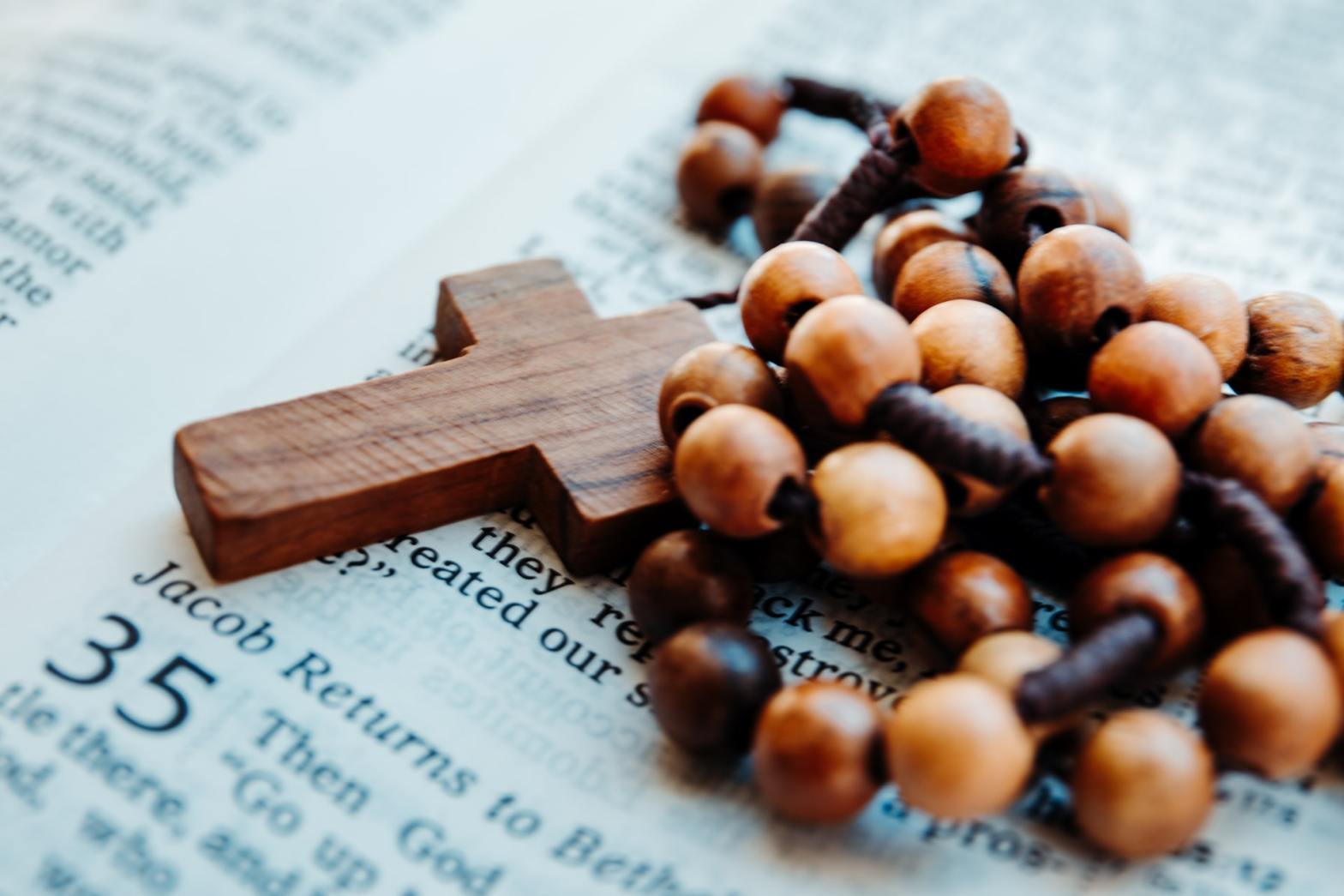 A rosary on a bible